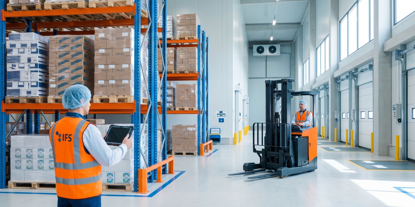 Zertifizierter Logistikstandort für IFS Logistics Audit: Auditor prüft Temperaturkontrolle in modernem Lager, saubere Umgebung, Hochregale, Warensicherheit